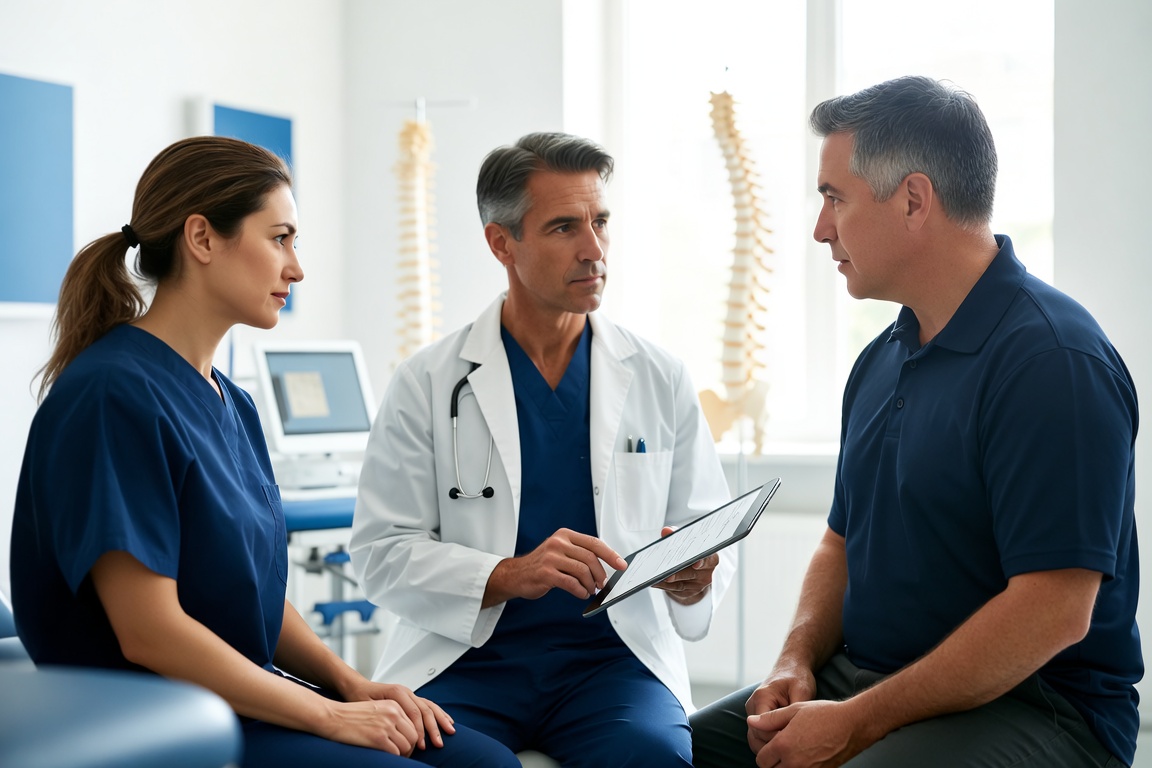 Federal workers' compensation doctor in Melbourne, FL reviewing FECA claim documentation with an injured federal employee